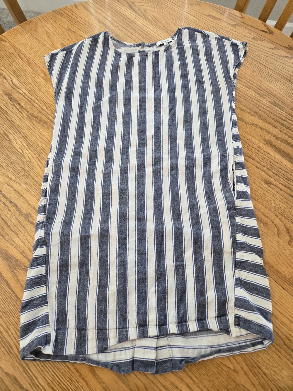 Madewell Blue White Striped Linen Cotton Shift Dress, Pockets XS Coastal Summer